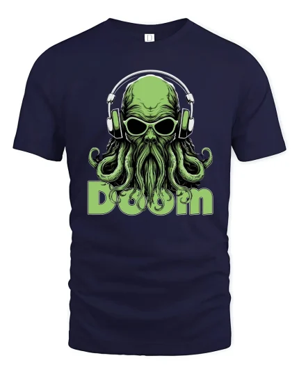 Cosmic Doom DJ Cthulhu Tee Psychedelic Monster Music Art - navy t-shirt on white background