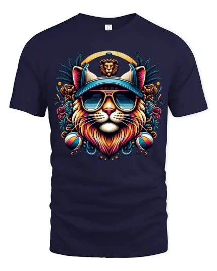 Cool Lion King Sunglasses Tee Colorful Street Art Style - navy t-shirt on white background