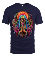 Psychedelic Dark Nun Horror Art T Shirt With Trippy Energy - navy t-shirt on white background