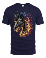 Flaming Cyber Horse Skull Tee Futuristic Fire Fantasy Art - navy t-shirt on white background