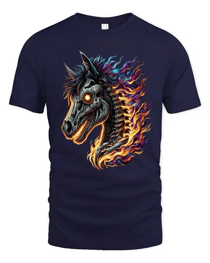 Flaming Cyber Horse Skull Tee Futuristic Fire Fantasy Art - navy t-shirt on white background