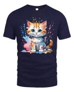 Cute Paint Splash Kitten Tee Colorful Art Cat Graphic Style - navy t-shirt on white background
