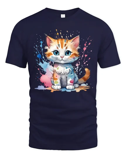 Cute Paint Splash Kitten Tee Colorful Art Cat Graphic Style - navy t-shirt on white background