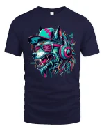 Cyberpunk Wolf DJ Graphic T Shirt With Neon Street Vibes - navy t-shirt on white background