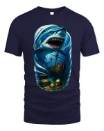 Giant Shark Pirate Ocean Art T Shirt With Dark Adventure Vibes - navy t-shirt on white background