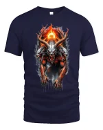 Infernal Three Headed Demon Fire Art T Shirt Dark Fantasy Power - navy t-shirt on white background