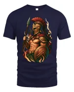 Spartan Warrior Fire Art T Shirt Ancient Strength Battle Style - navy t-shirt on white background