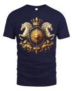 Royal Sun Crest Tee With Golden Shield And Majestic Horses Art - navy t-shirt on white background