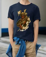 Dark Samurai Demon Warrior Art T Shirt With Mythic Power - model wearing navy tee with hands in pockets