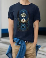 Mystic Winged Oracle Tee Celestial Eye Fantasy Graphic Art - model wearing navy tee with hands in pockets