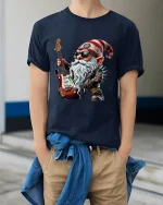 Rock Star Christmas Gnome Tee Funny Guitar Holiday Graphic Art - model wearing navy tee with hands in pockets