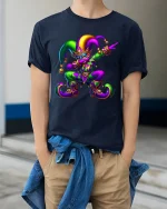 Colorful Jester Carnival Tee Playful Masquerade Art Style - model wearing navy tee with hands in pockets