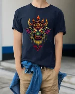 Demonic Crowned Beast Tee Dark Fantasy Fire Horn Artwork - model wearing navy tee with hands in pockets