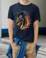 Flaming Cyber Horse Skull Tee Futuristic Fire Fantasy Art - model wearing navy tee with hands in pockets