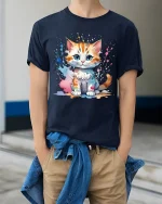 Cute Paint Splash Kitten Tee Colorful Art Cat Graphic Style - model wearing navy tee with hands in pockets