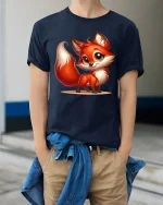 Cute Smiling Fox Tee Adorable Cartoon Fox Art Graphic Style - model wearing navy tee with hands in pockets