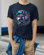 Cyberpunk Wolf DJ Graphic T Shirt With Neon Street Vibes - model wearing navy tee with hands in pockets