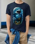 Giant Shark Pirate Ocean Art T Shirt With Dark Adventure Vibes - model wearing navy tee with hands in pockets