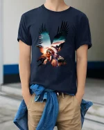 Native Eagle Spirit Art T Shirt With Powerful Freedom Energy - model wearing navy tee with hands in pockets