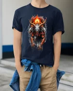 Infernal Three Headed Demon Fire Art T Shirt Dark Fantasy Power - model wearing navy tee with hands in pockets