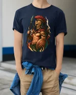 Spartan Warrior Fire Art T Shirt Ancient Strength Battle Style - model wearing navy tee with hands in pockets