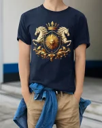 Royal Sun Crest Tee With Golden Shield And Majestic Horses Art - model wearing navy tee with hands in pockets