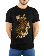 Dark Samurai Demon Warrior Art T Shirt With Mythic Power - model wearing black tee with hands behind back