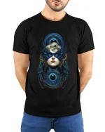 Mystic Winged Oracle Tee Celestial Eye Fantasy Graphic Art - model wearing black tee with hands behind back