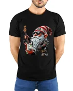 Rock Star Christmas Gnome Tee Funny Guitar Holiday Graphic Art - model wearing black tee with hands behind back