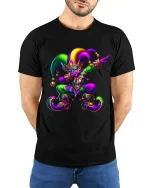 Colorful Jester Carnival Tee Playful Masquerade Art Style - model wearing black tee with hands behind back