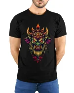 Demonic Crowned Beast Tee Dark Fantasy Fire Horn Artwork - model wearing black tee with hands behind back