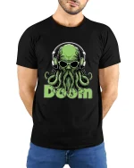 Cosmic Doom DJ Cthulhu Tee Psychedelic Monster Music Art - model wearing black tee with hands behind back