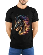 Flaming Cyber Horse Skull Tee Futuristic Fire Fantasy Art - model wearing black tee with hands behind back