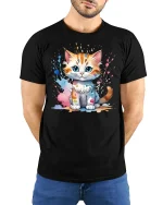Cute Paint Splash Kitten Tee Colorful Art Cat Graphic Style - model wearing black tee with hands behind back