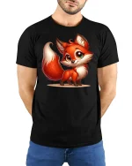 Cute Smiling Fox Tee Adorable Cartoon Fox Art Graphic Style - model wearing black tee with hands behind back