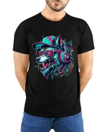 Cyberpunk Wolf DJ Graphic T Shirt With Neon Street Vibes - model wearing black tee with hands behind back