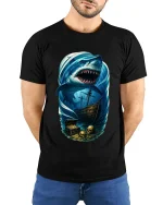 Giant Shark Pirate Ocean Art T Shirt With Dark Adventure Vibes - model wearing black tee with hands behind back
