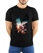 Native Eagle Spirit Art T Shirt With Powerful Freedom Energy - model wearing black tee with hands behind back