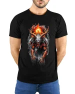 Infernal Three Headed Demon Fire Art T Shirt Dark Fantasy Power - model wearing black tee with hands behind back
