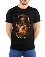 Spartan Warrior Fire Art T Shirt Ancient Strength Battle Style - model wearing black tee with hands behind back