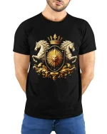 Royal Sun Crest Tee With Golden Shield And Majestic Horses Art - model wearing black tee with hands behind back