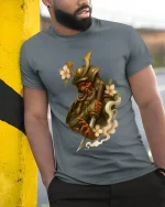 Dark Samurai Demon Warrior Art T Shirt With Mythic Power - model wearing grey tee, leaning on column