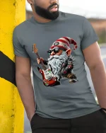 Rock Star Christmas Gnome Tee Funny Guitar Holiday Graphic Art - model wearing grey tee, leaning on column