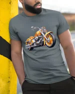 Golden Custom Motorcycle Tee Classic Cruiser Power Ride Art - model wearing grey tee, leaning on column
