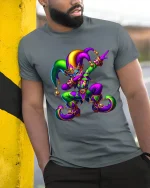 Colorful Jester Carnival Tee Playful Masquerade Art Style - model wearing grey tee, leaning on column