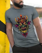 Demonic Crowned Beast Tee Dark Fantasy Fire Horn Artwork - model wearing grey tee, leaning on column