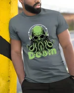 Cosmic Doom DJ Cthulhu Tee Psychedelic Monster Music Art - model wearing grey tee, leaning on column