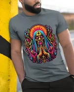 Psychedelic Dark Nun Horror Art T Shirt With Trippy Energy - model wearing grey tee, leaning on column