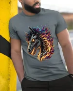 Flaming Cyber Horse Skull Tee Futuristic Fire Fantasy Art - model wearing grey tee, leaning on column