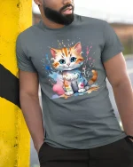 Cute Paint Splash Kitten Tee Colorful Art Cat Graphic Style - model wearing grey tee, leaning on column
